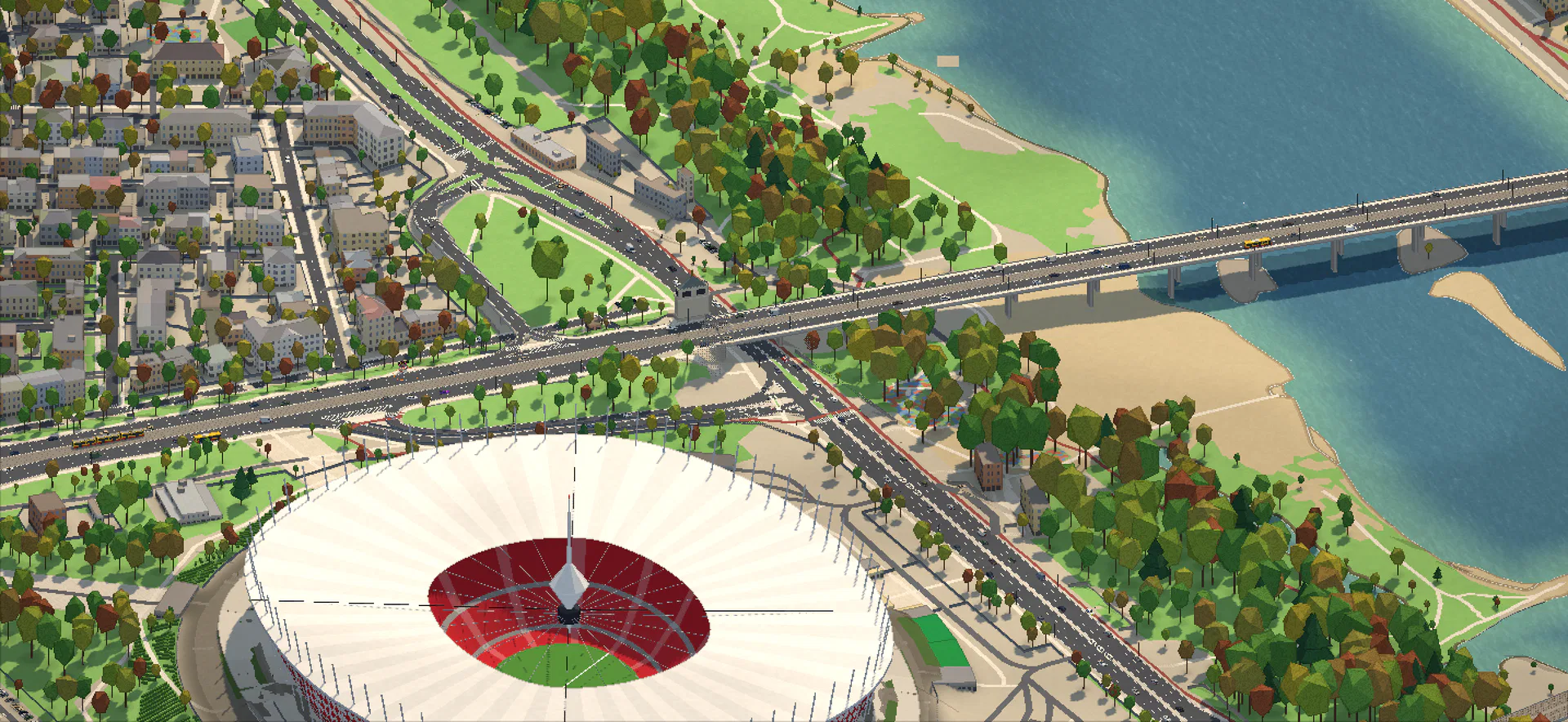 Stadion Narodowy w dzień, za nim Most Poniatowskiego i łachy Wisły