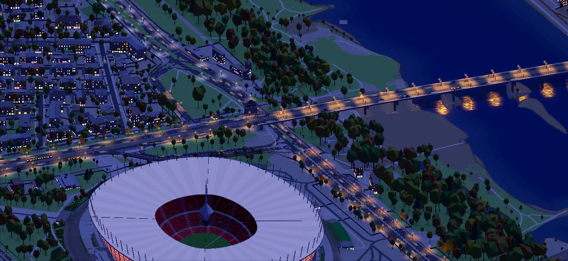 Stadion Narodowy nocą w grze, latarnie mostu odbite w Wiśle