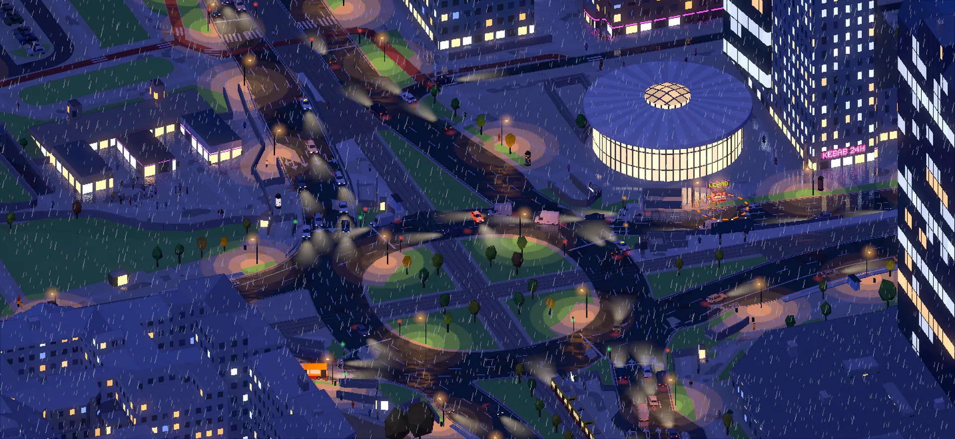 Rondo Dmowskiego w deszczu nocą: świecąca Rotunda, reflektory na mokrym asfalcie i neon kebaba